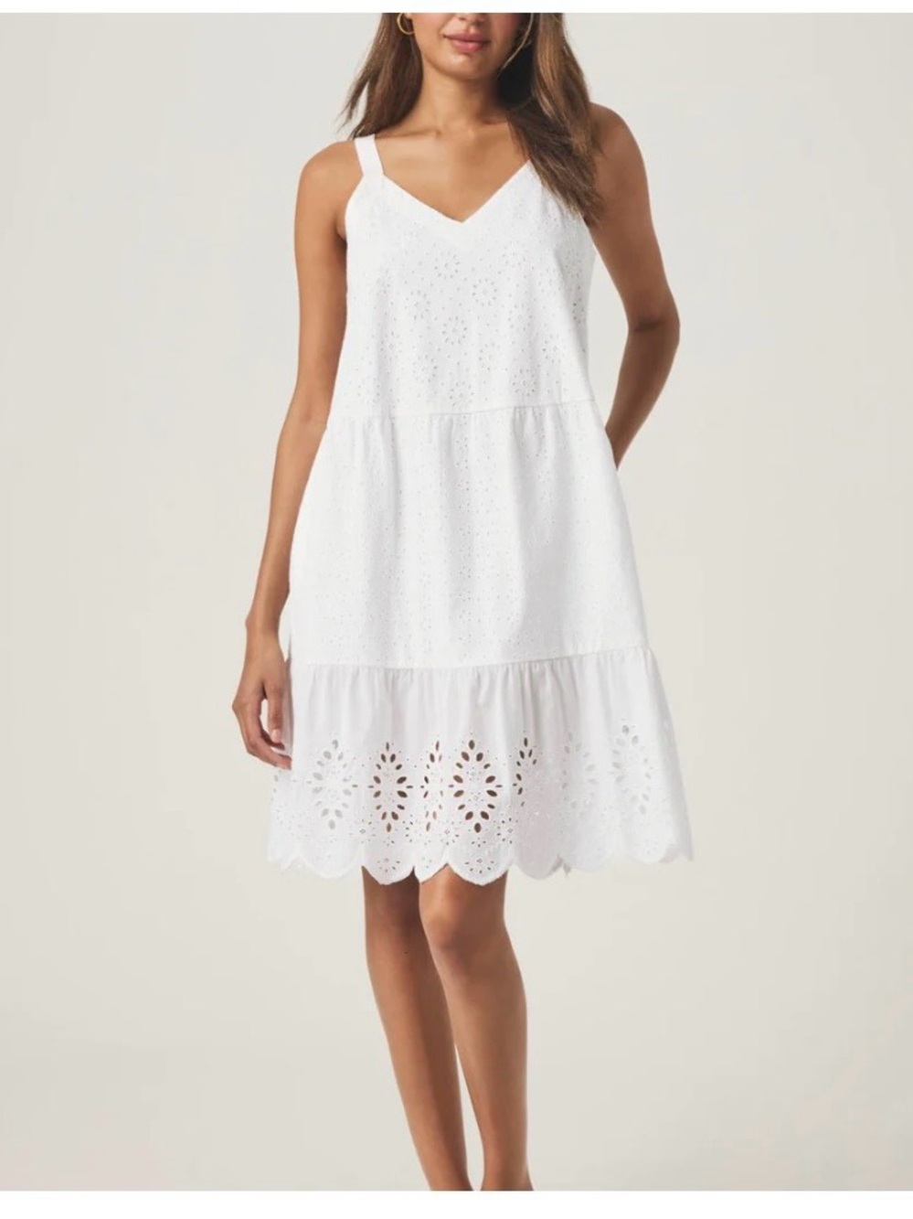 SPLENDID Scalloped Eyelet V-Neck Mini Dress in White with pockets
